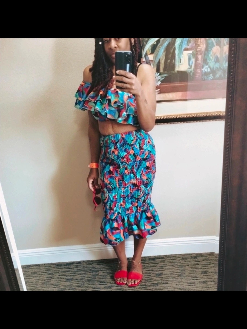 Ruffled Smocked Midi Skirt & Crop Top Multicolor
